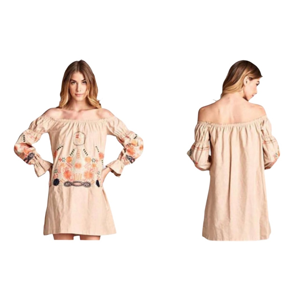 Kindle Sz Medium‎ Embroidered Floral Tan Off The Shoulder Dress
